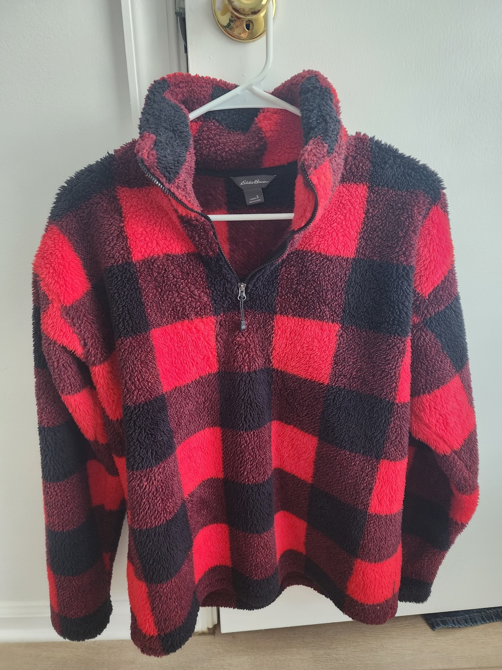 Eddie Bauer Red & Black Buffalo Plaid Sherpa Quarter-Zip Sweater